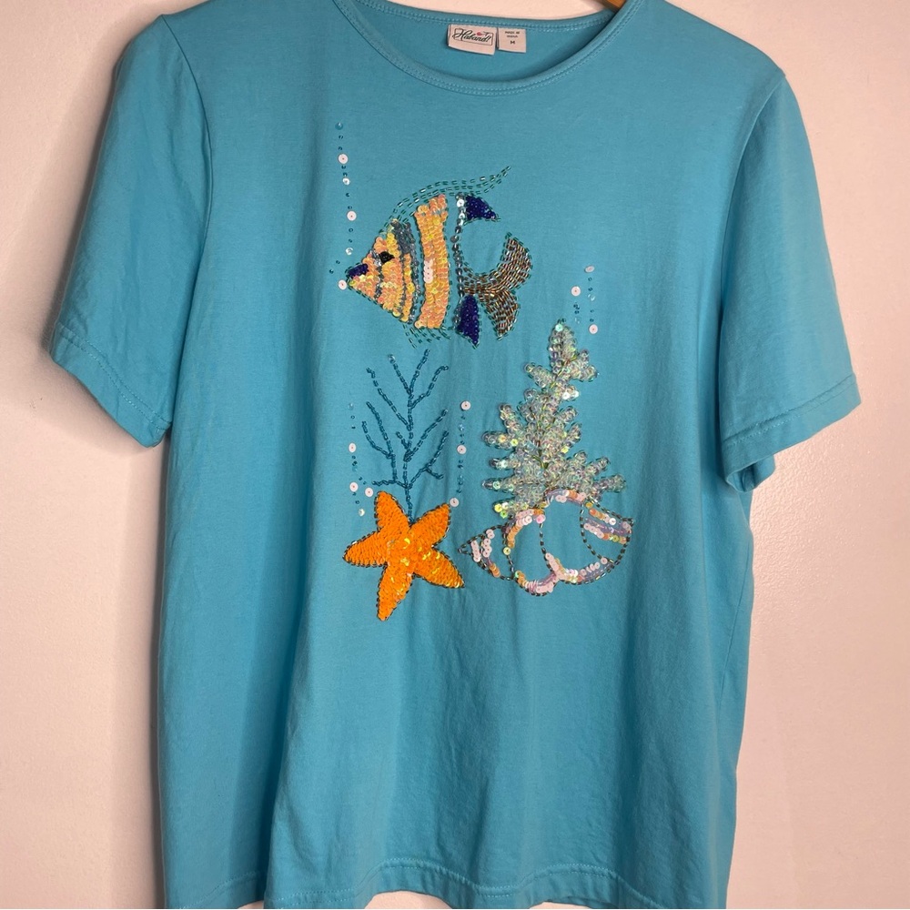 Turquoise Tee with Sequin Fish and Starfish Motif Ocean